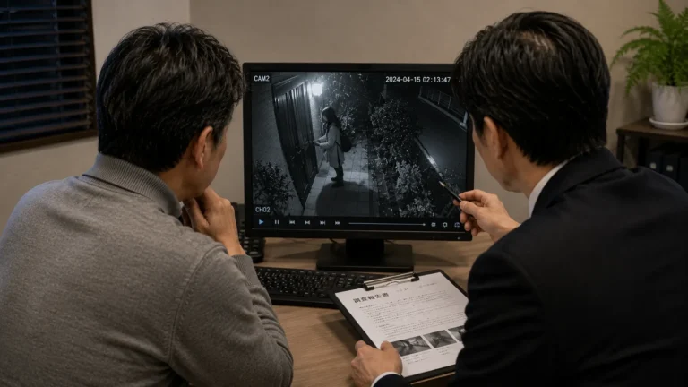 近所からの嫌がらせの証拠を見ながら検証