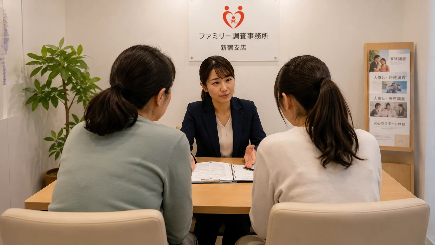 婚活マッチングアプリで知り合った男性の子を妊娠して新宿支店へ人探しを相談する女性