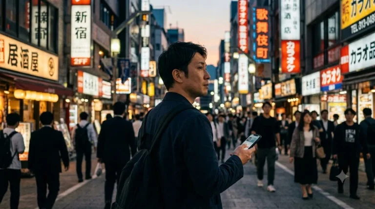 新宿の街でマッチングアプリで会えなくなった相手を思いスマホを手に立つ男性