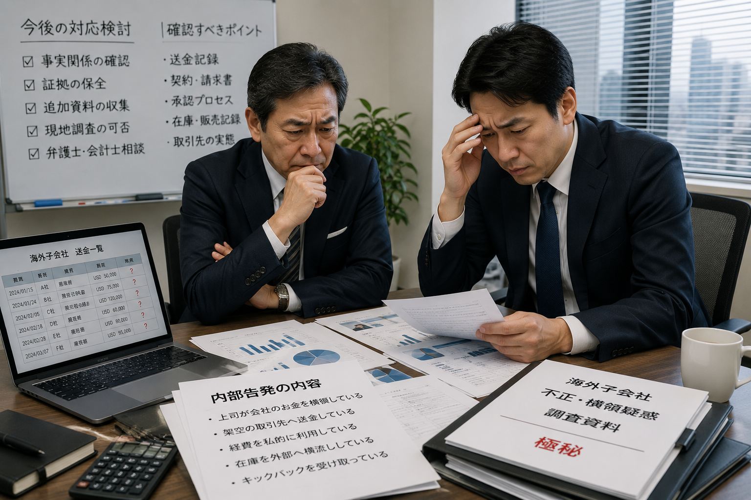 海外子会社の内部告発から上司の横領を疑い証拠収集を検討する企業担当者
