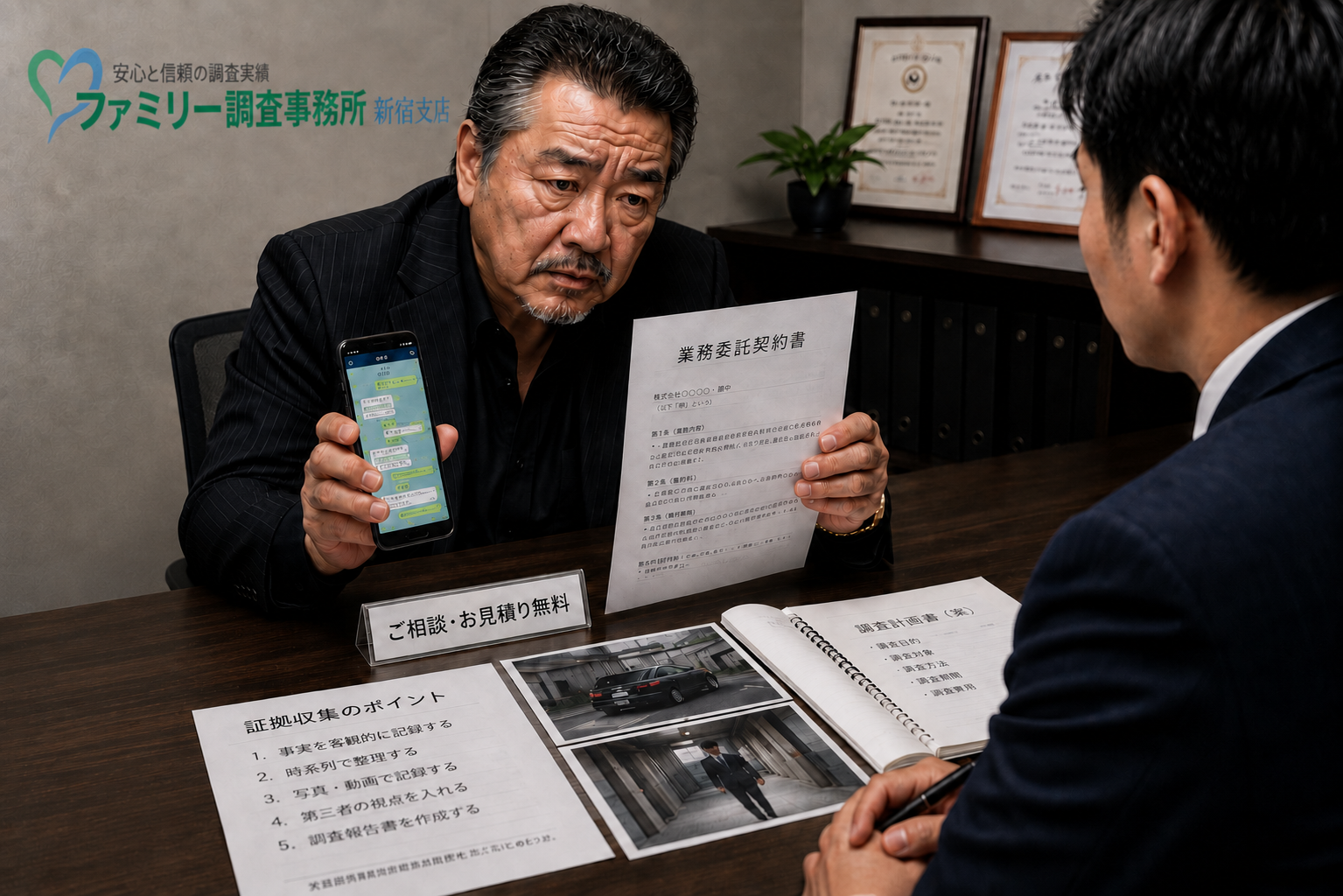 裁判の証拠収集調査についてLINEや契約書などを新宿の探偵会社へ相談する依頼者