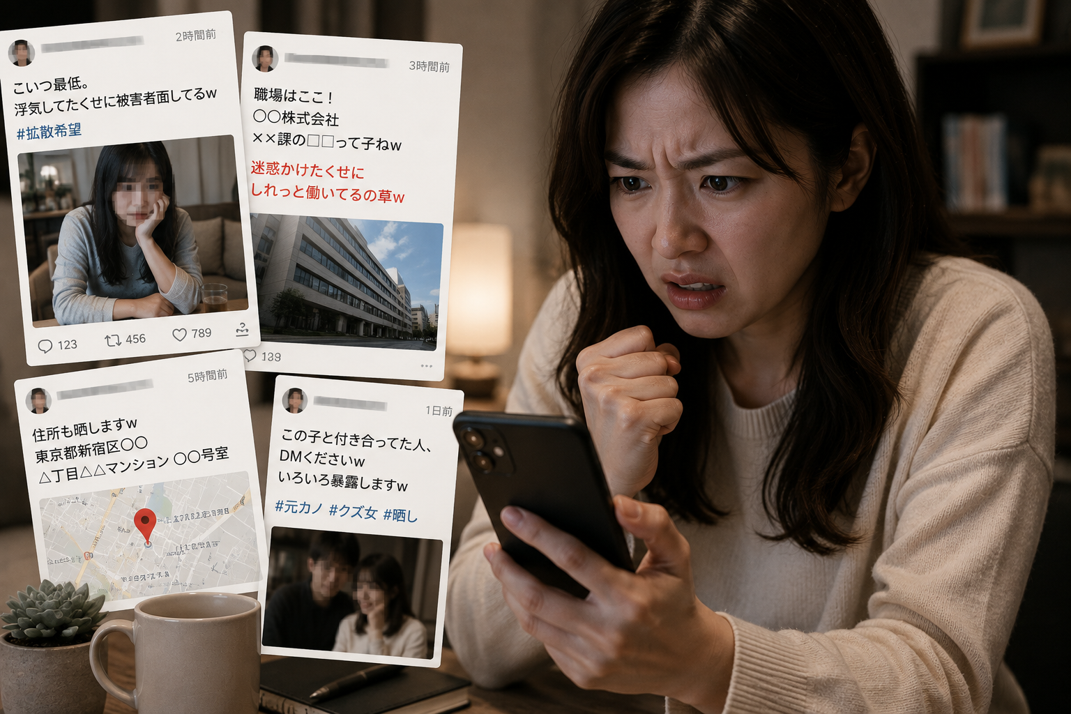 元恋人によるSNSトラブルで写真や個人情報をネットに投稿され不安を感じる女性