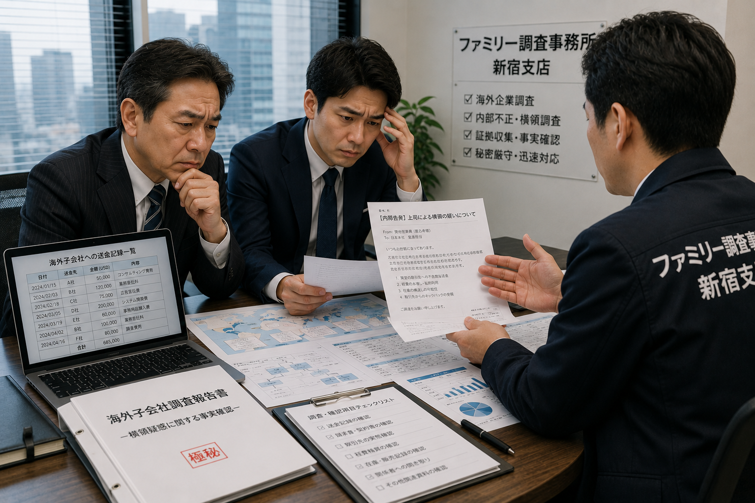 海外子会社の横領疑惑について内部告発と送金記録を企業調査員へ相談する経営者