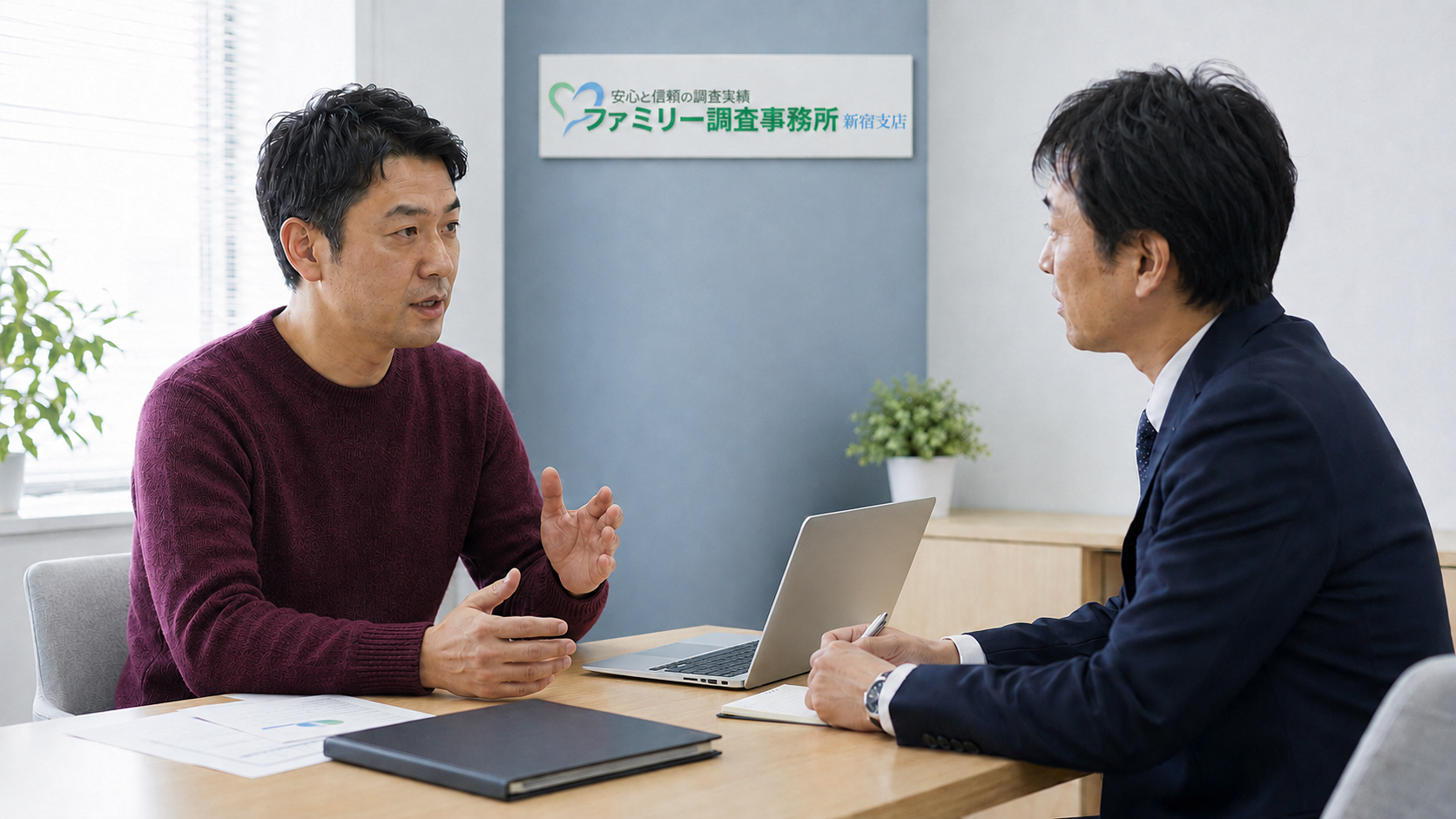 面会交流を拒否された父親が子どもとの写真や連絡記録を新宿の探偵会社へ相談する様子