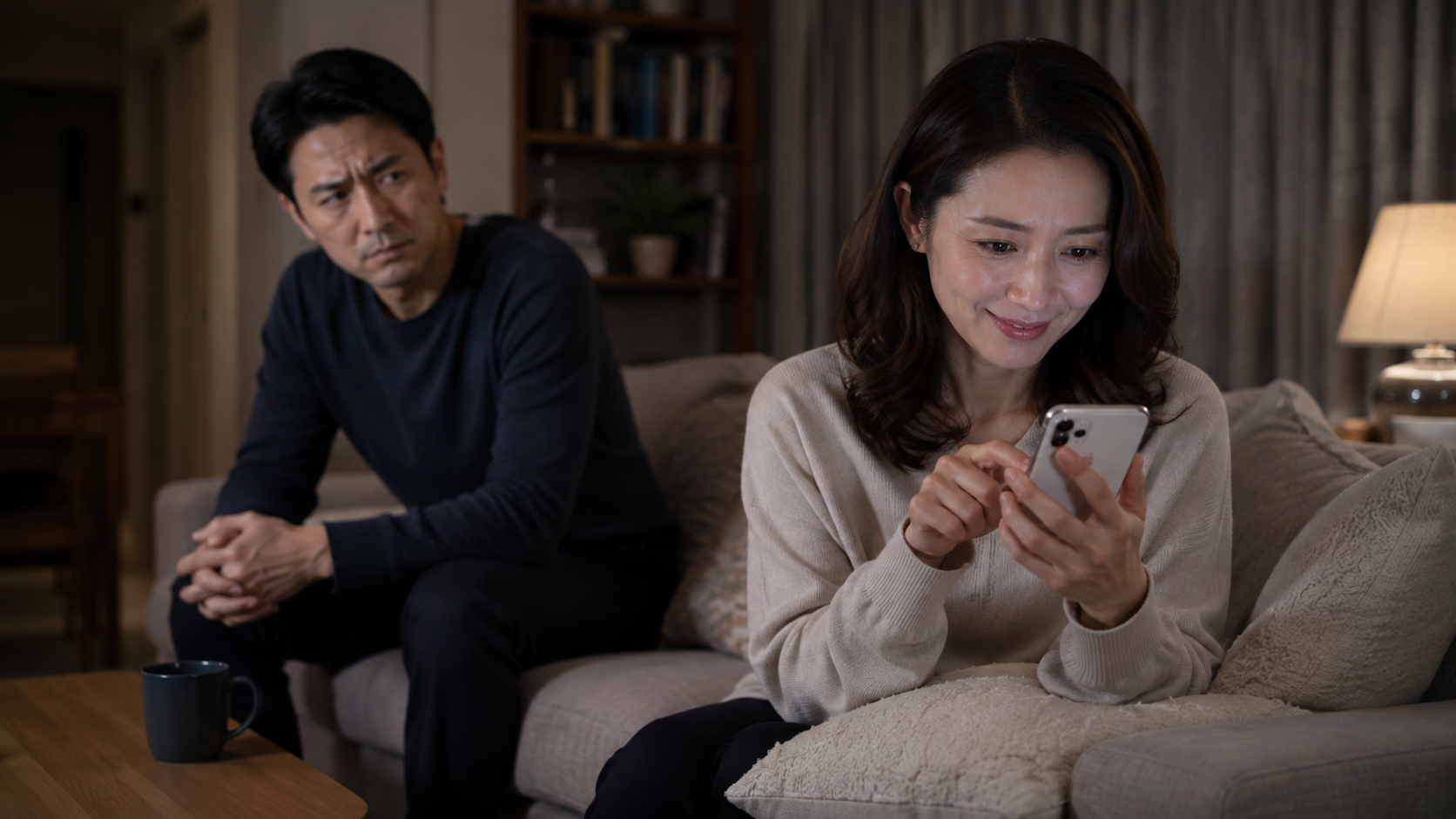 新宿で夫の浮気を疑い対処法を考えながら行動記録を整理する40代女性