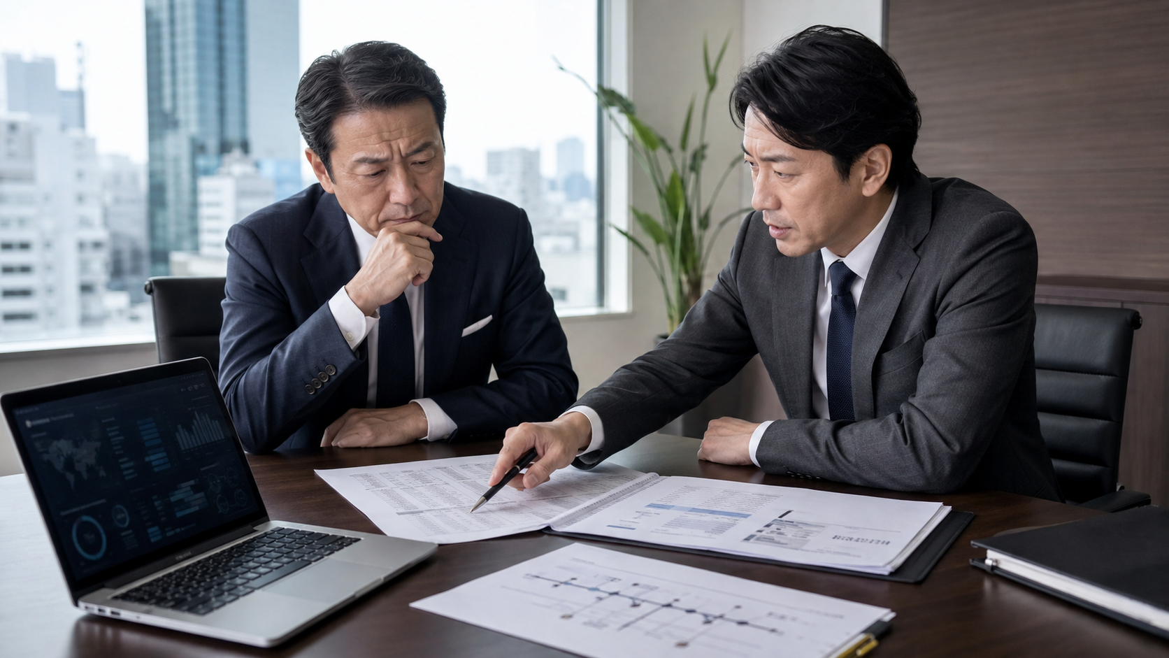 情報漏洩の企業調査について社内資料を確認する新宿の経営者と調査員