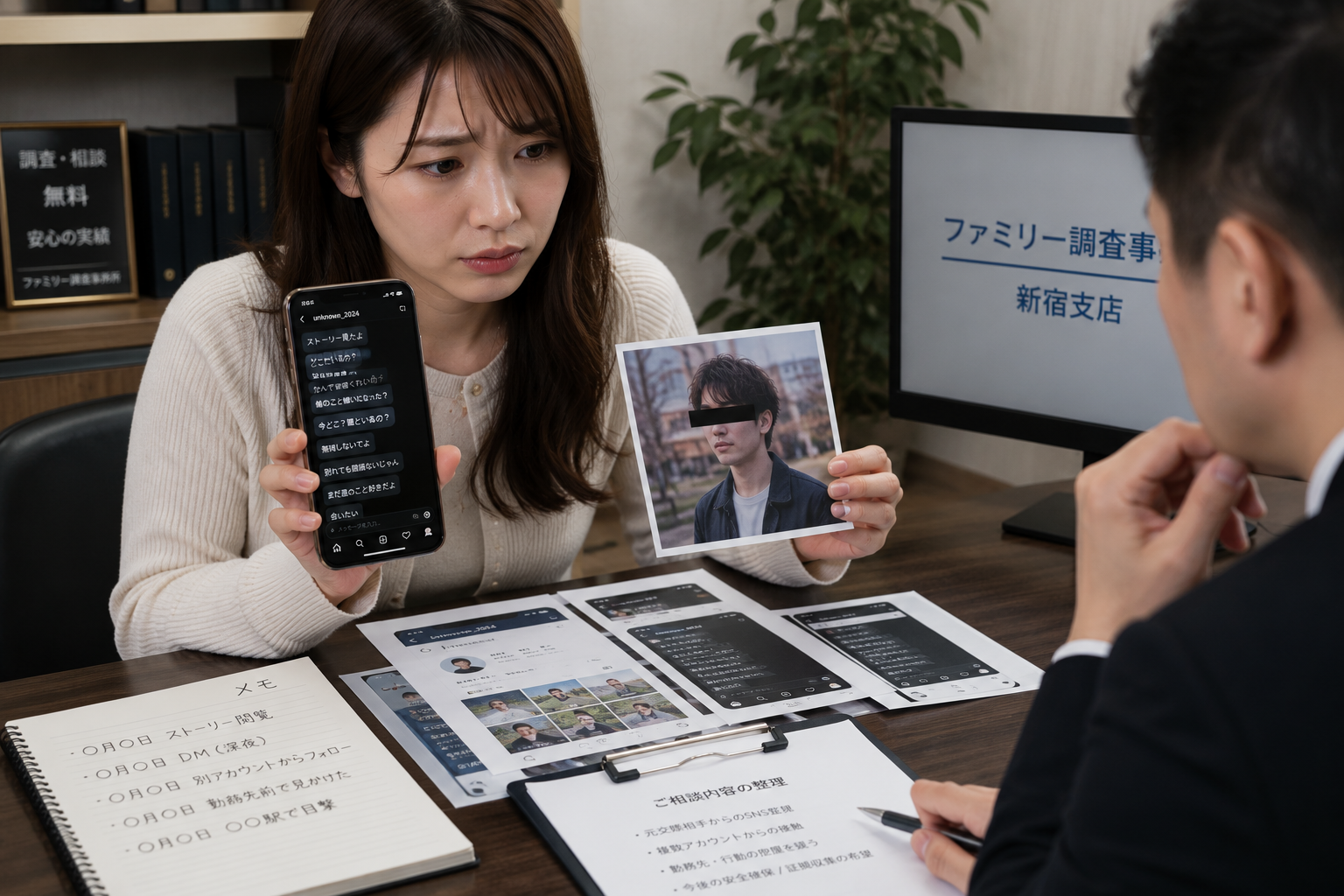 元交際相手によるデジタルストーカーのSNS記録を調査員へ相談する女性