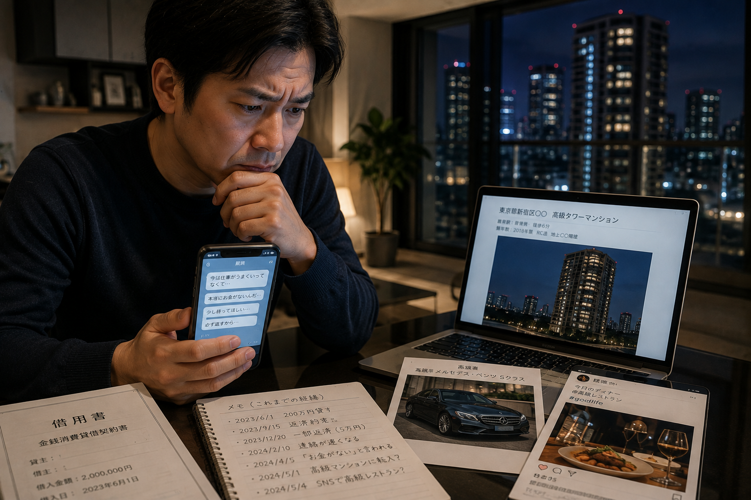 新宿の高級マンションに住む債務者のお金がないという説明を疑い資産調査を検討する男性