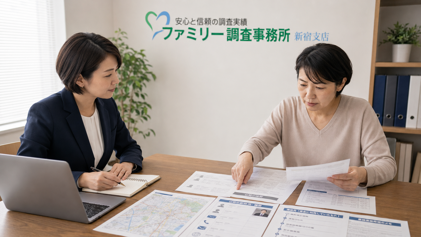 行方不明の夫との離婚に向けて旧住所や勤務先情報を新宿支店へ相談する女性