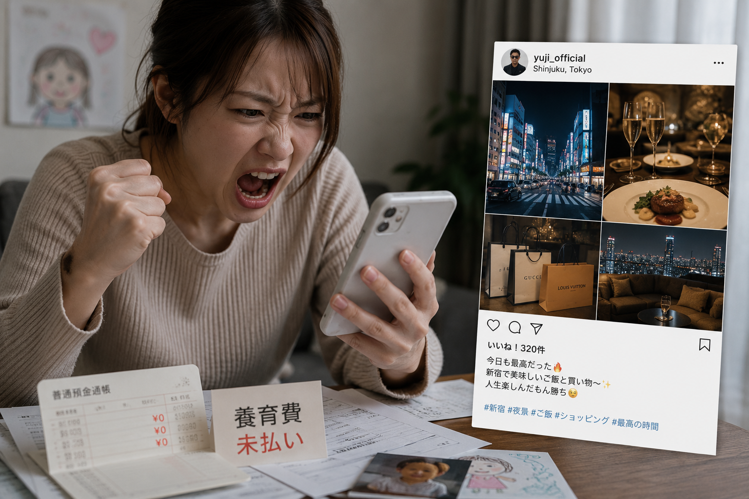 養育費未払いの元夫がSNSで新宿の贅沢生活を投稿していることに不安を感じる女性