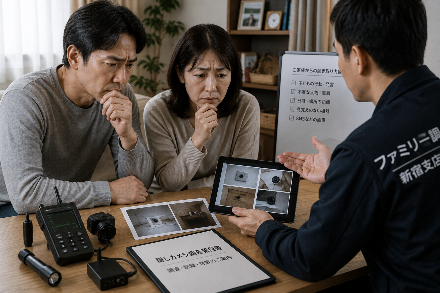 子どもの盗撮被害について写真や記録を探偵へ相談する家族