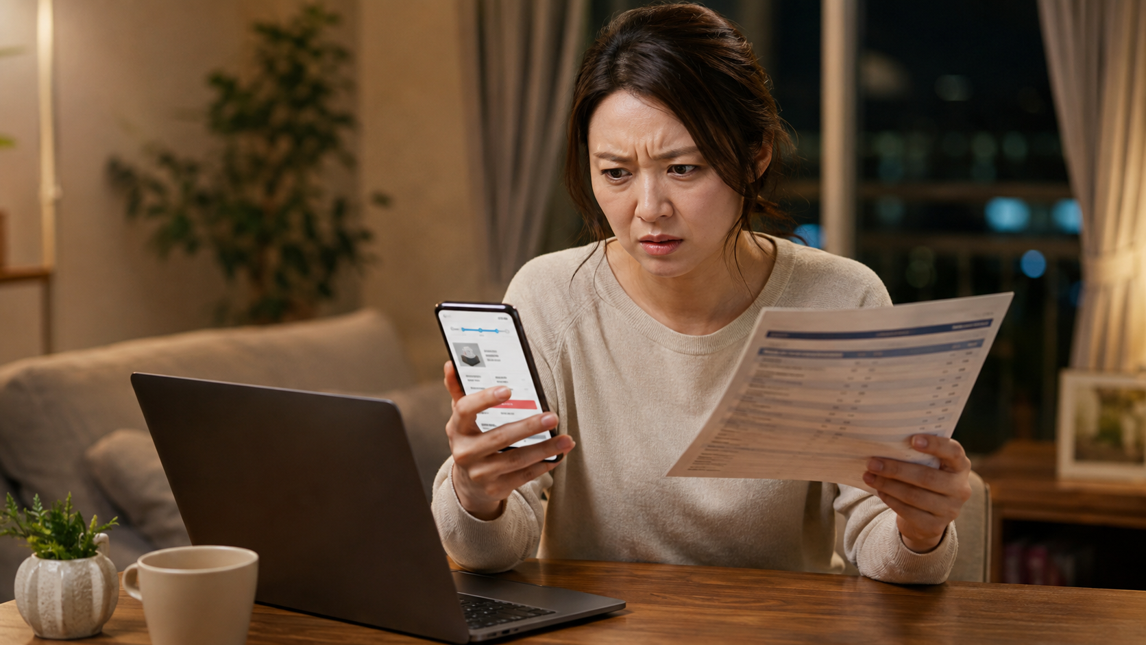 SNS広告から購入した商品が届かないため注文画面と決済履歴を確認する女性