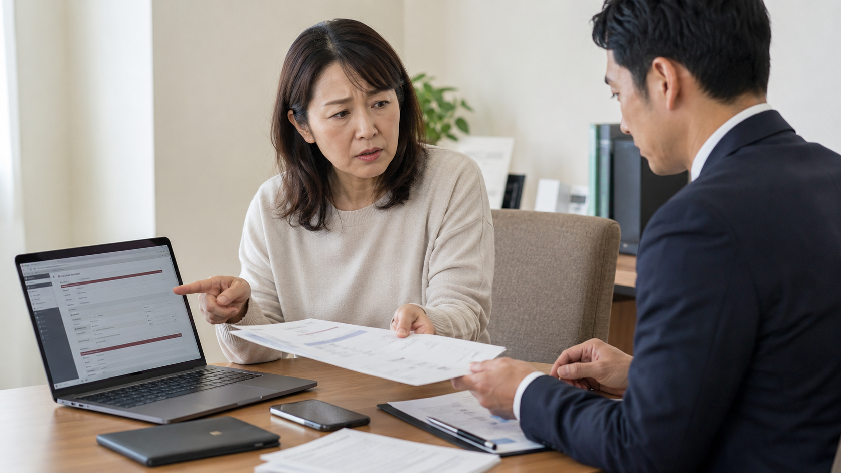 通販詐欺の証拠保全調査で注文メールとカード利用明細を調査員へ見せる女性