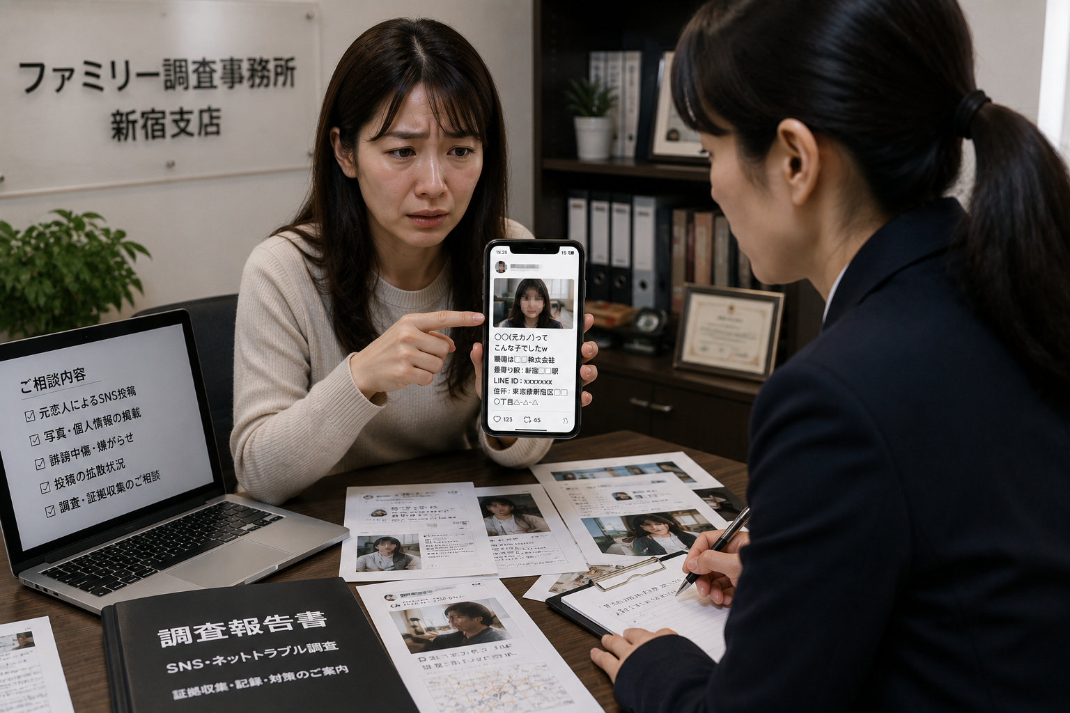 元恋人によるSNSトラブルの写真や個人情報投稿を探偵へ相談する女性