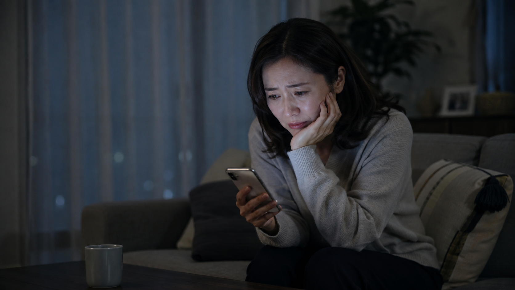 婚活アプリで知り合った男性に騙された可能性に悩みメッセージと振込記録を確認する女性