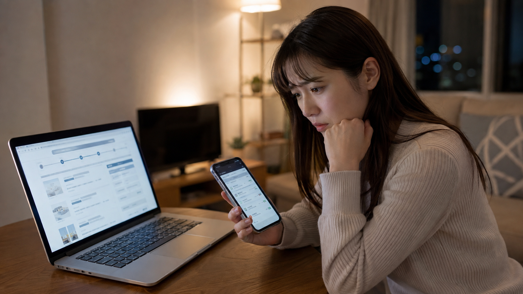 海外通販トラブルで返金されないため注文画面と決済履歴を確認する女性