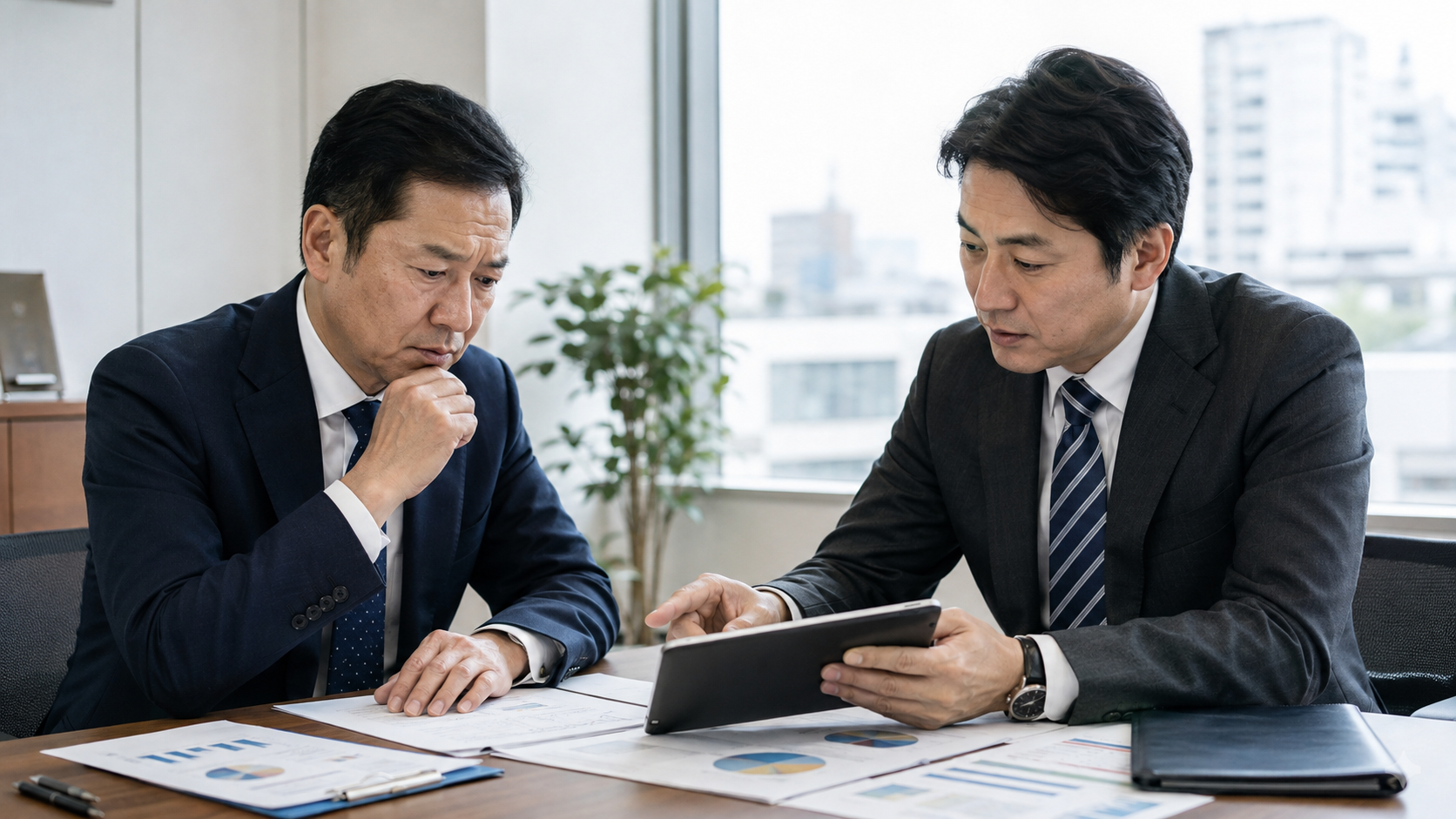 従業員不正の企業調査について資料を確認する新宿の経営者と調査員