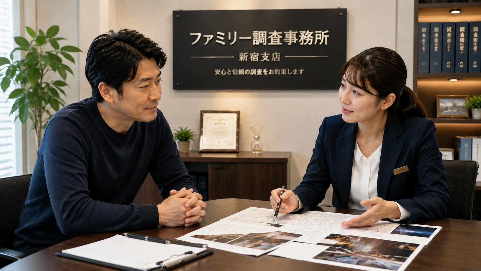 新宿で夫の浮気を疑った女性が帰宅時間と休日出勤を記録して対処法を整理する様子