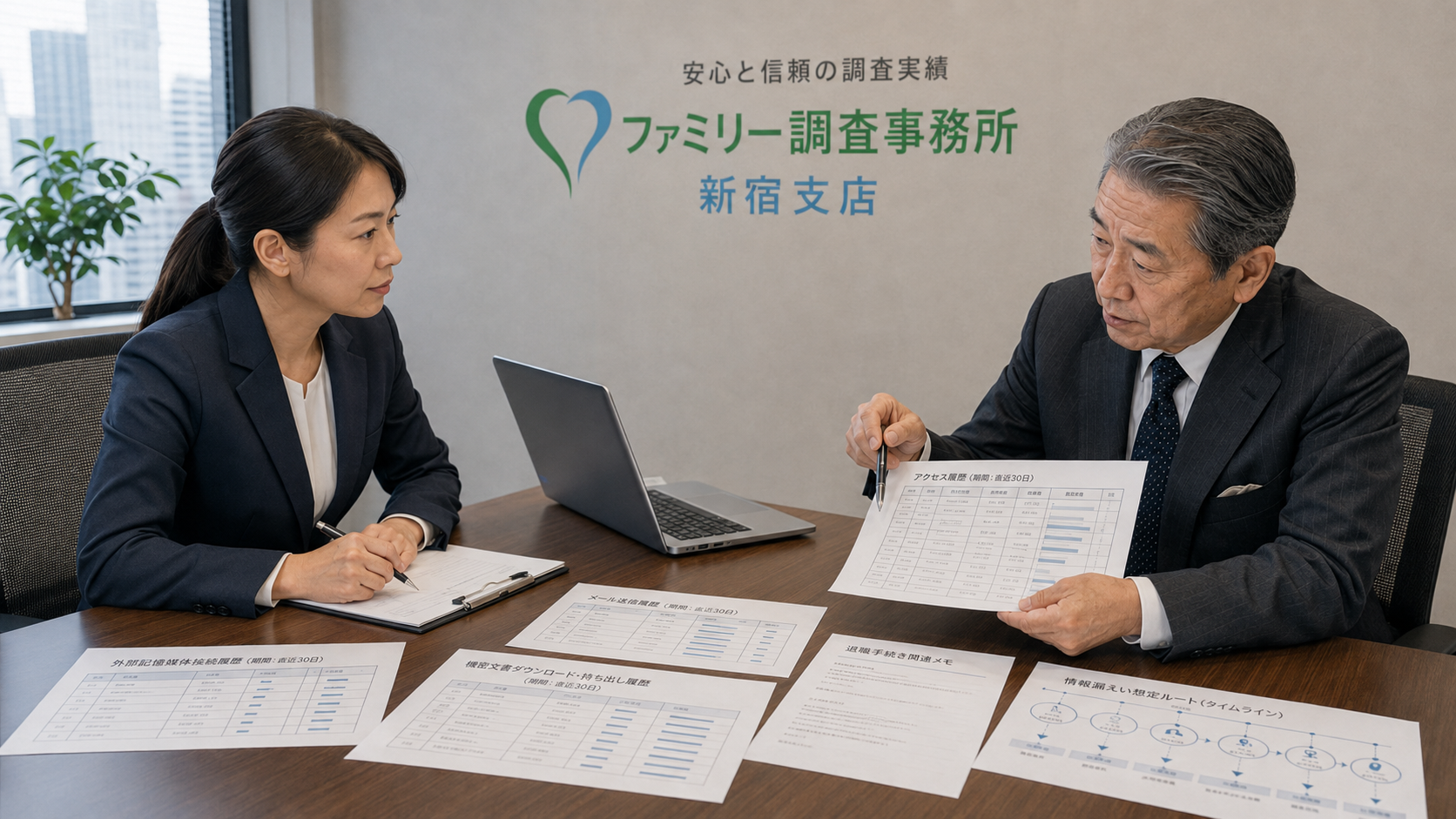 退職した社員による社内情報流出について資料を新宿の調査会社へ相談する企業担当者