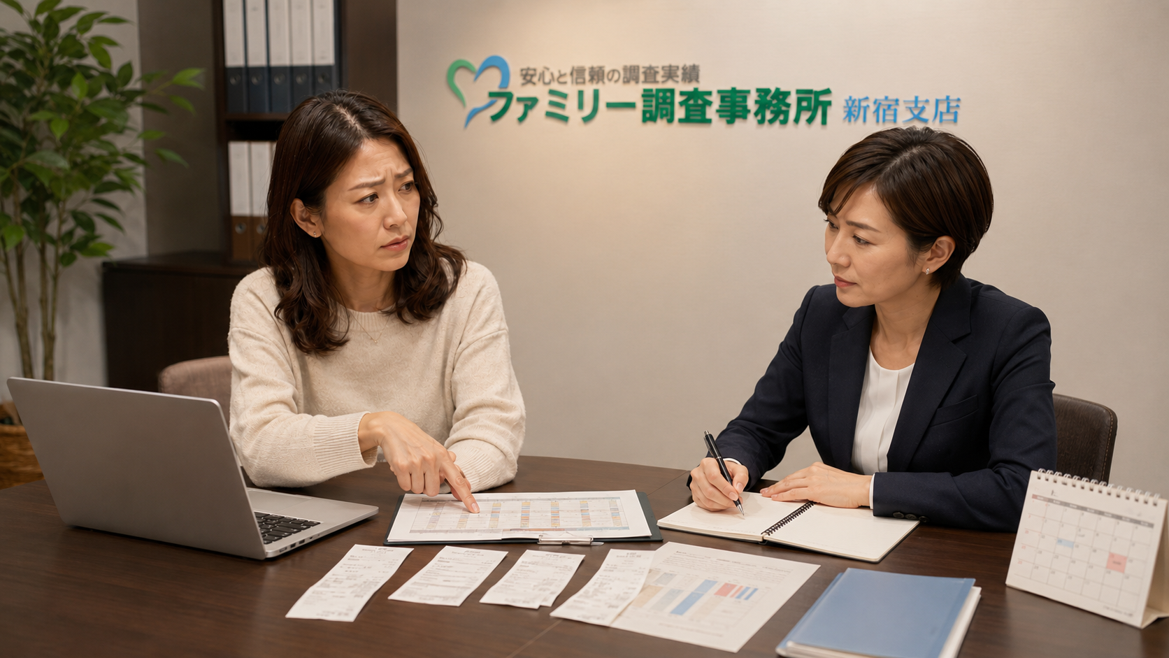 交際相手の収入とお金の使い方に違和感があり新宿支店で生活実態調査を相談する女性