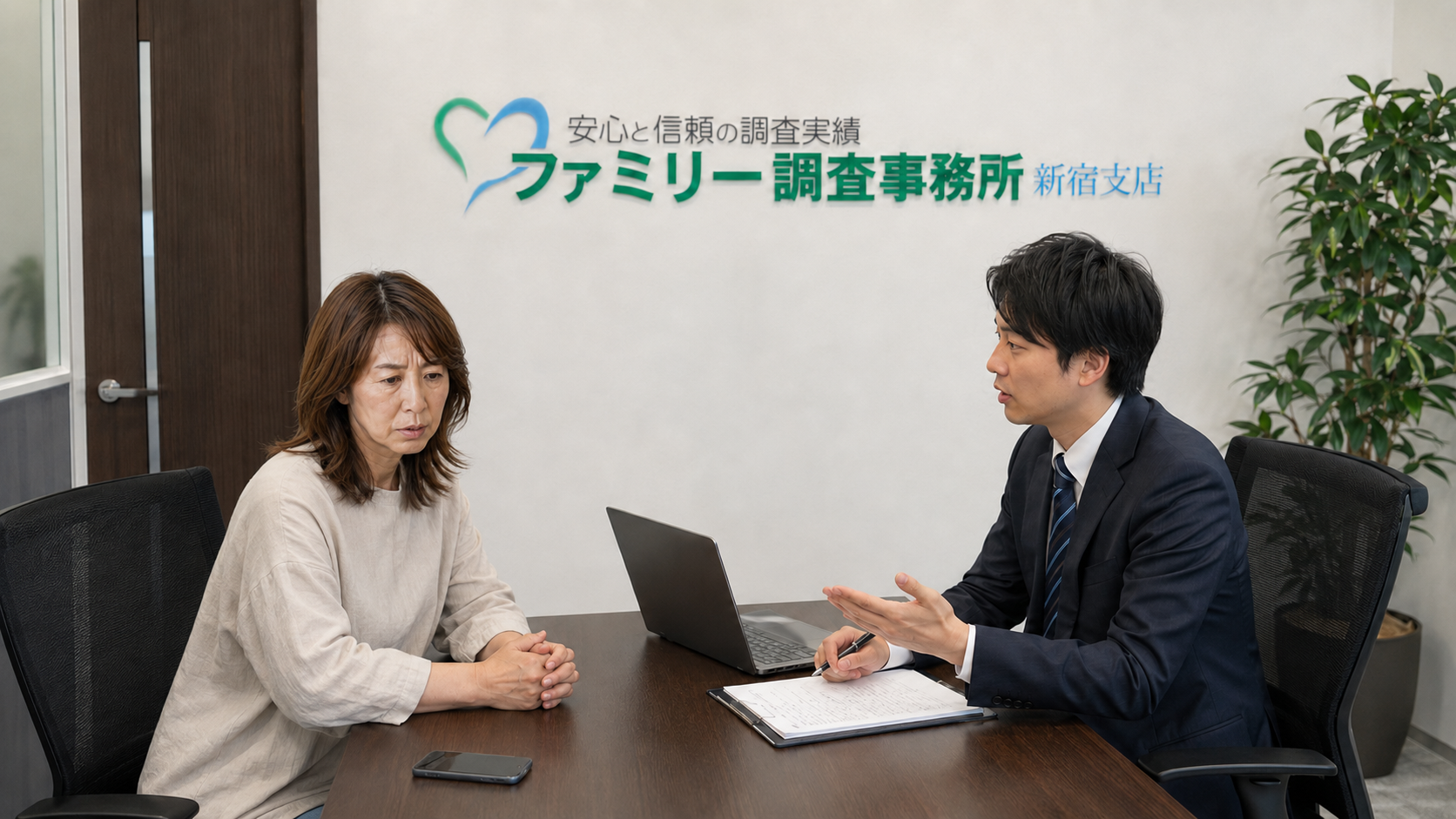 大学生の娘がSNSで知り合った交際相手について新宿支店へ相談する両親