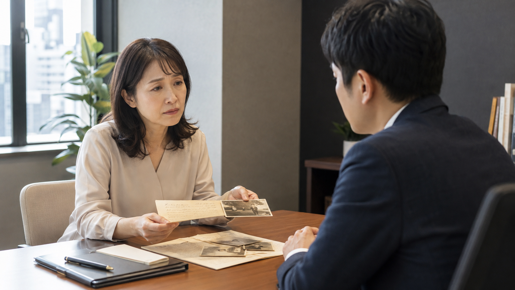 忘れられない相手の人探しについて古い手紙と写真を調査員へ見せる女性