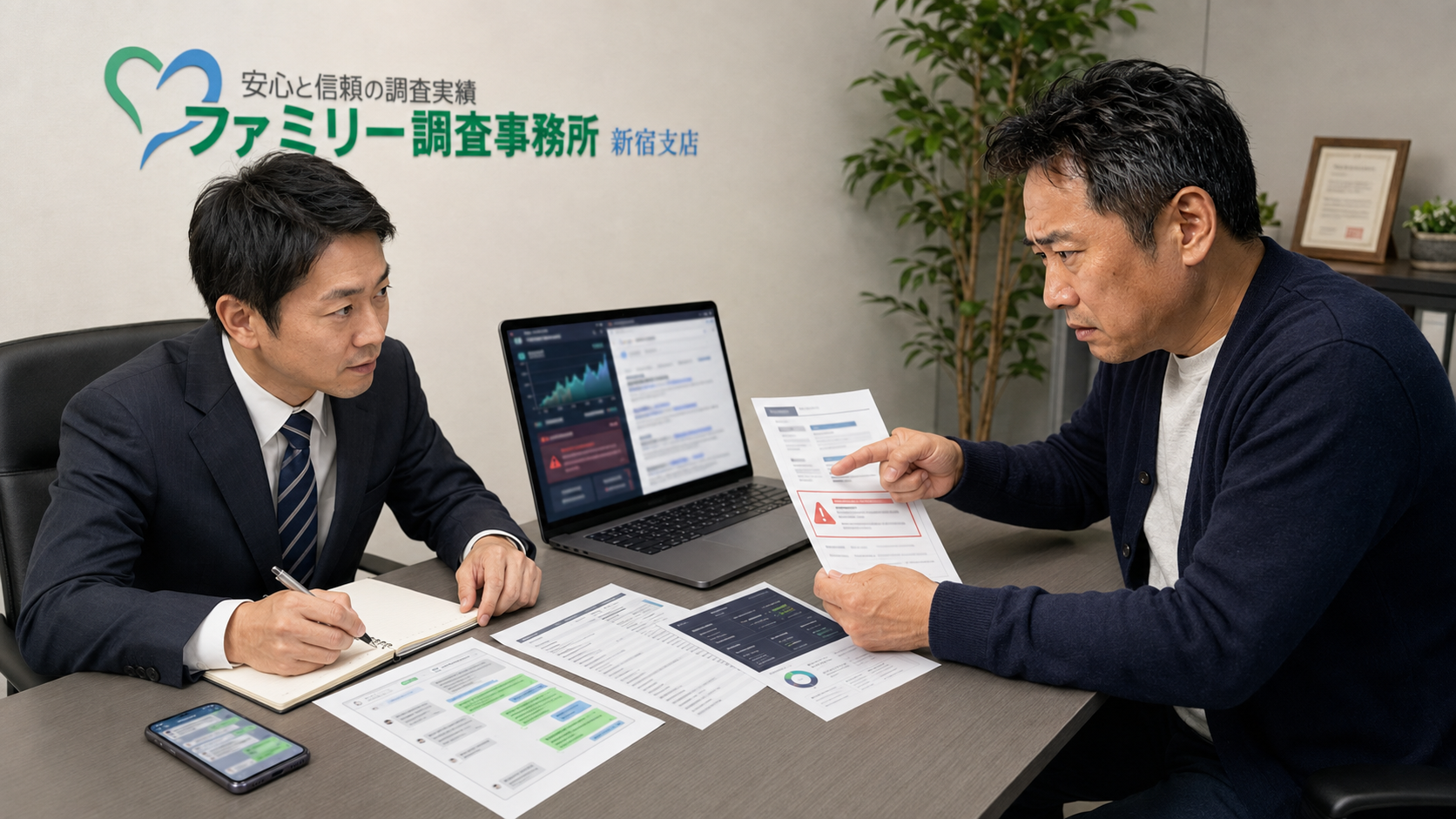 SNS型投資詐欺を疑い投資グループの記録と出金できない状況を新宿支店で確認する男性