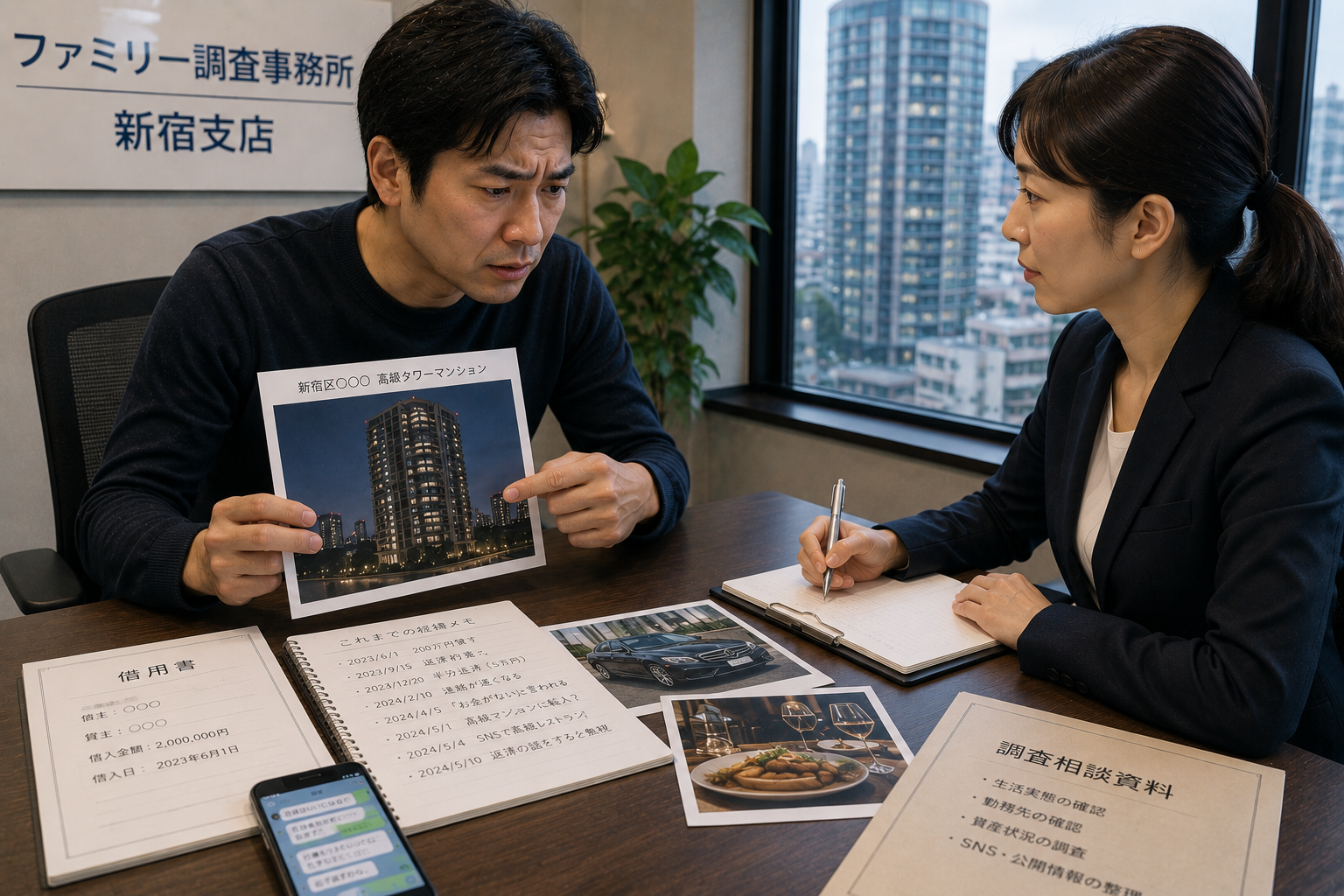 新宿の高級マンションに住む債務者の生活実態と資産調査について探偵へ相談する男性
