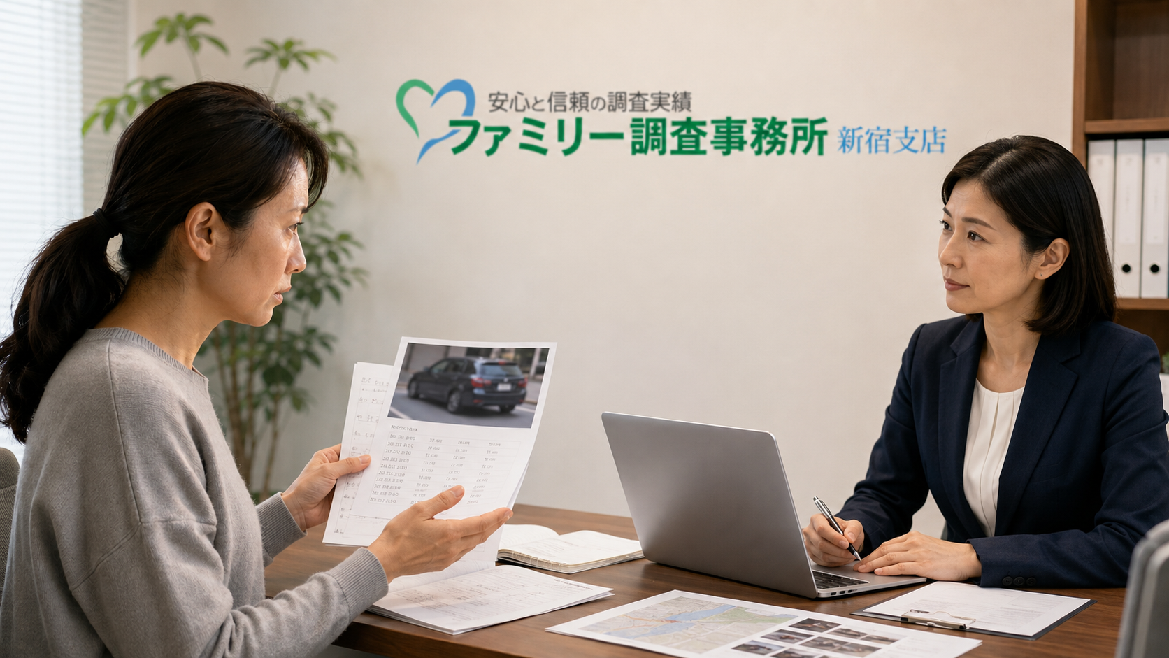 大学生の息子が知らない人の車で出かけるため交友関係について新宿支店へ相談する両親