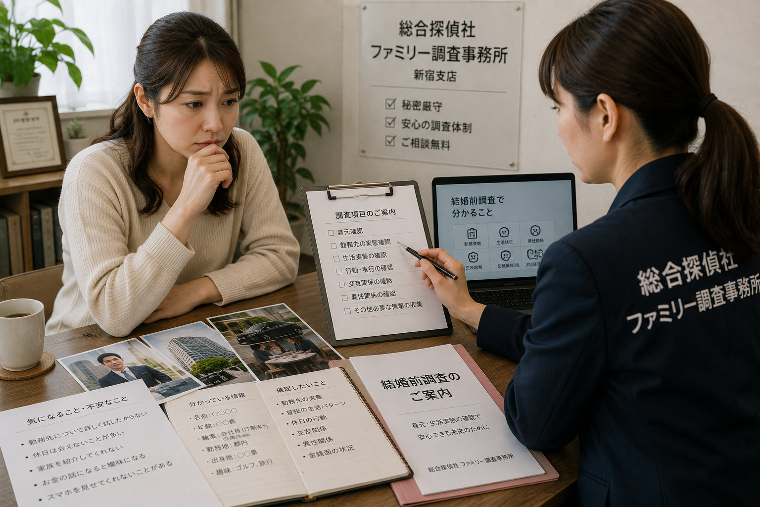 婚約者の身元や生活実態について結婚前調査を探偵へ相談する女性