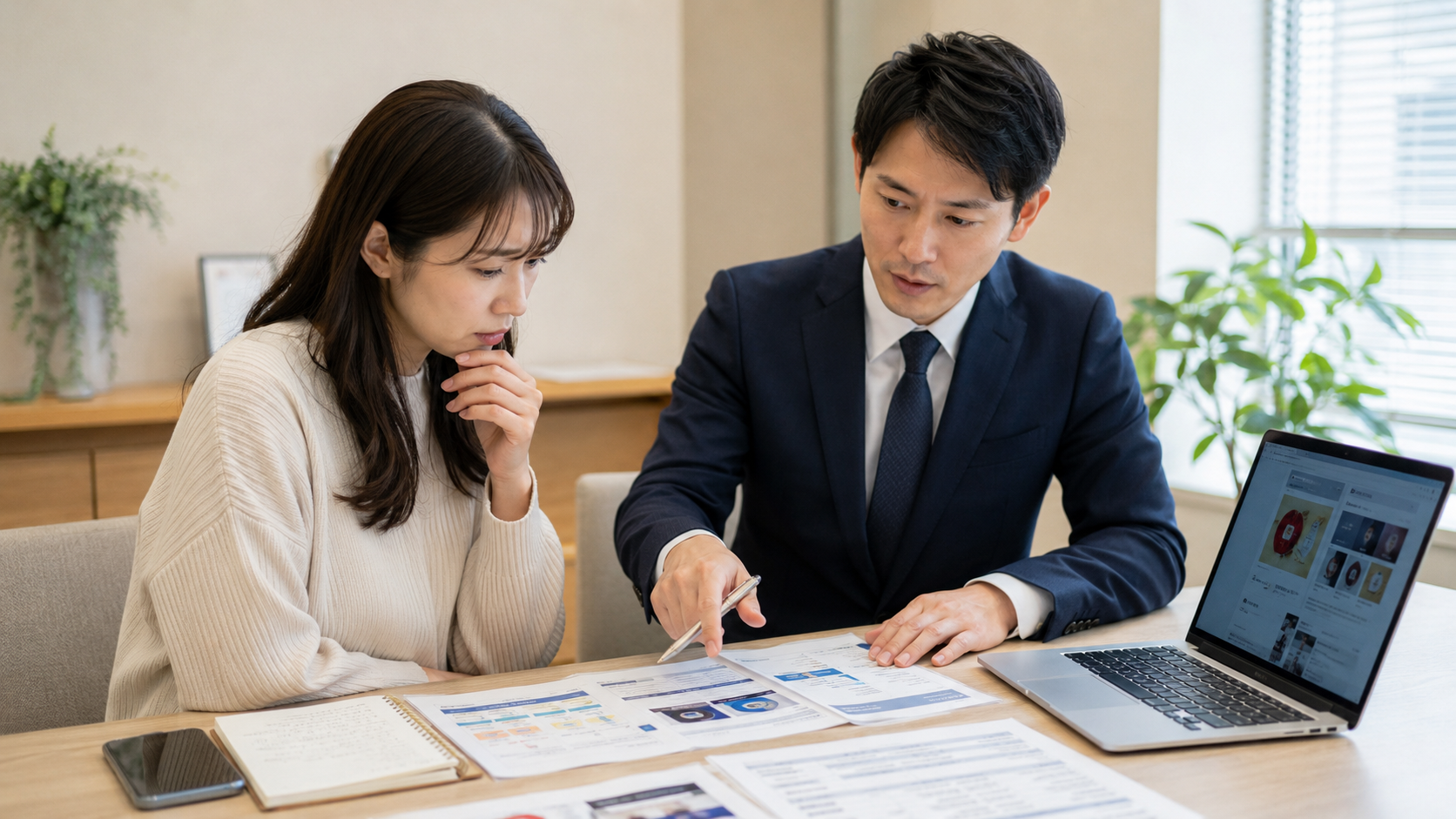 SNS広告の商品が届かない相談で広告主と販売元の情報を調査員と確認する女性