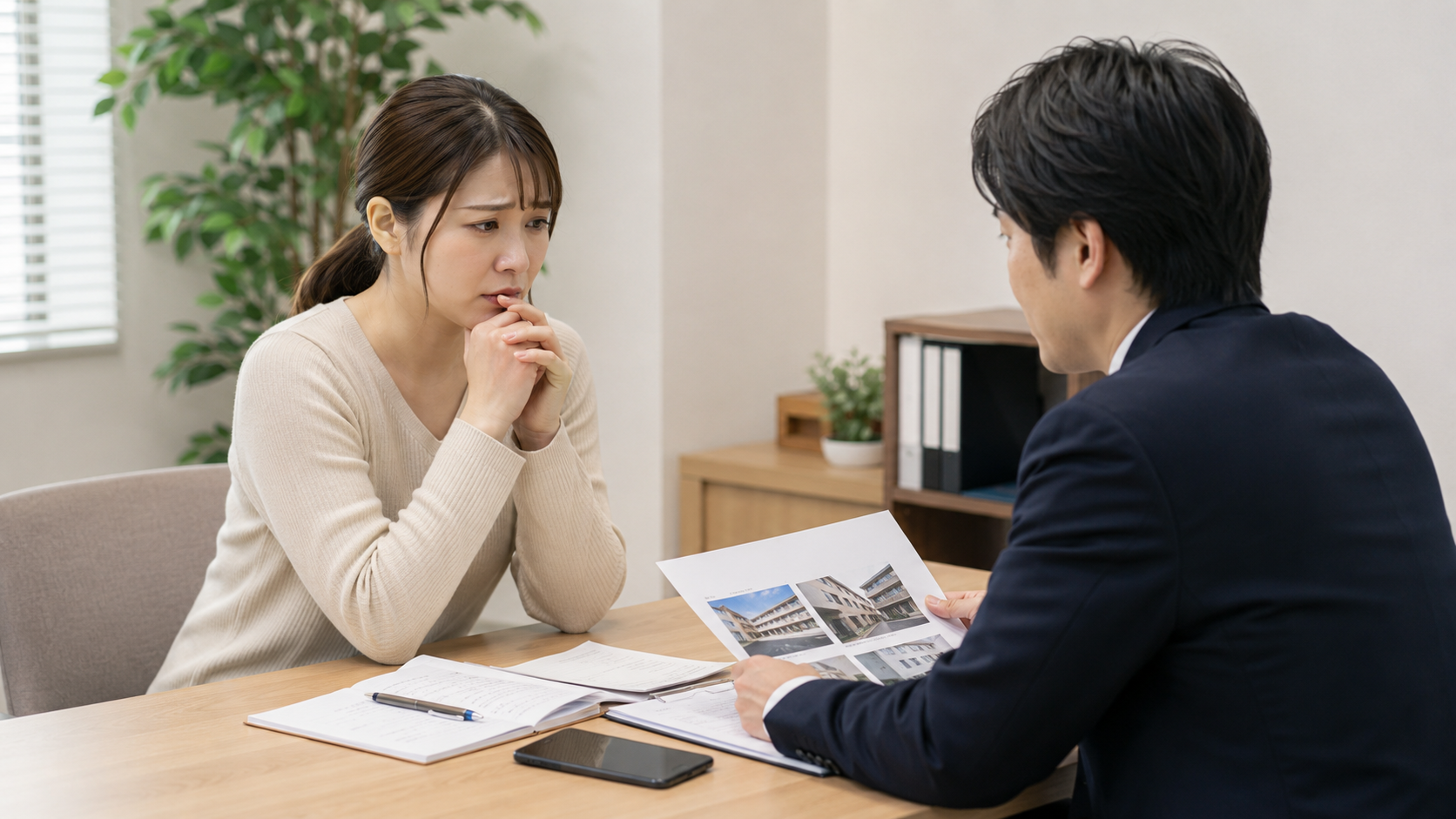 隣人の外国人による迷惑行為を怖いと感じ、安全な調査方法を検討する新宿区の女性