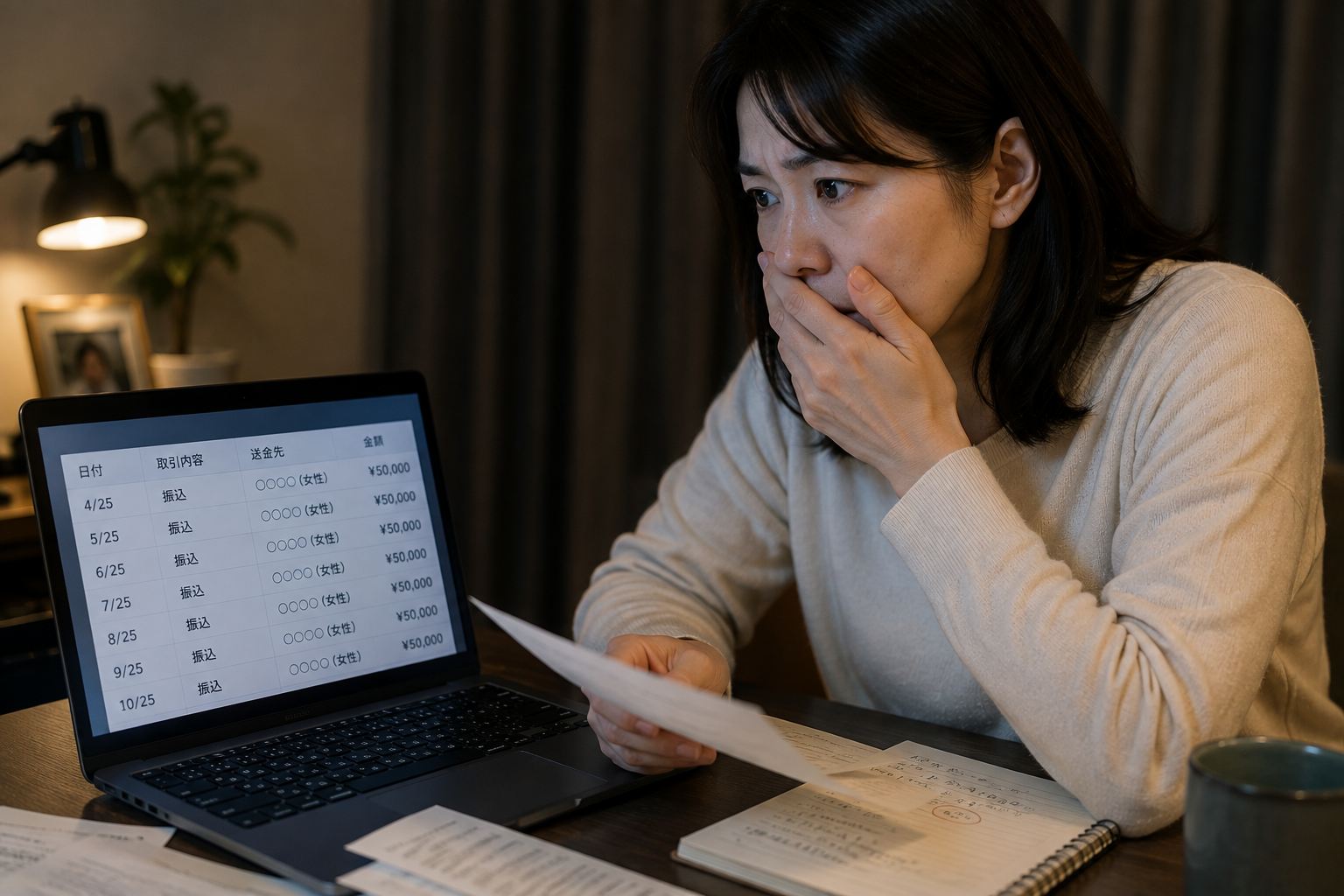 夫が毎月同じ女性へ送金していることから隠し子や二重生活を疑い不安を感じる妻