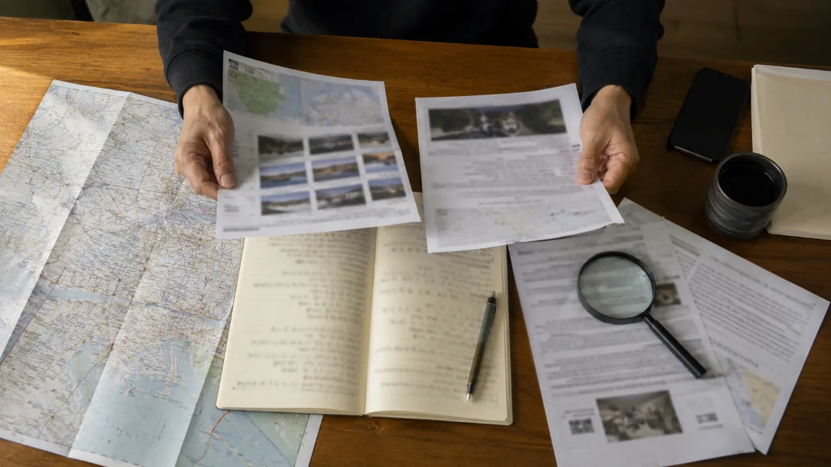 地図と資料を突き合わせて確認する手元