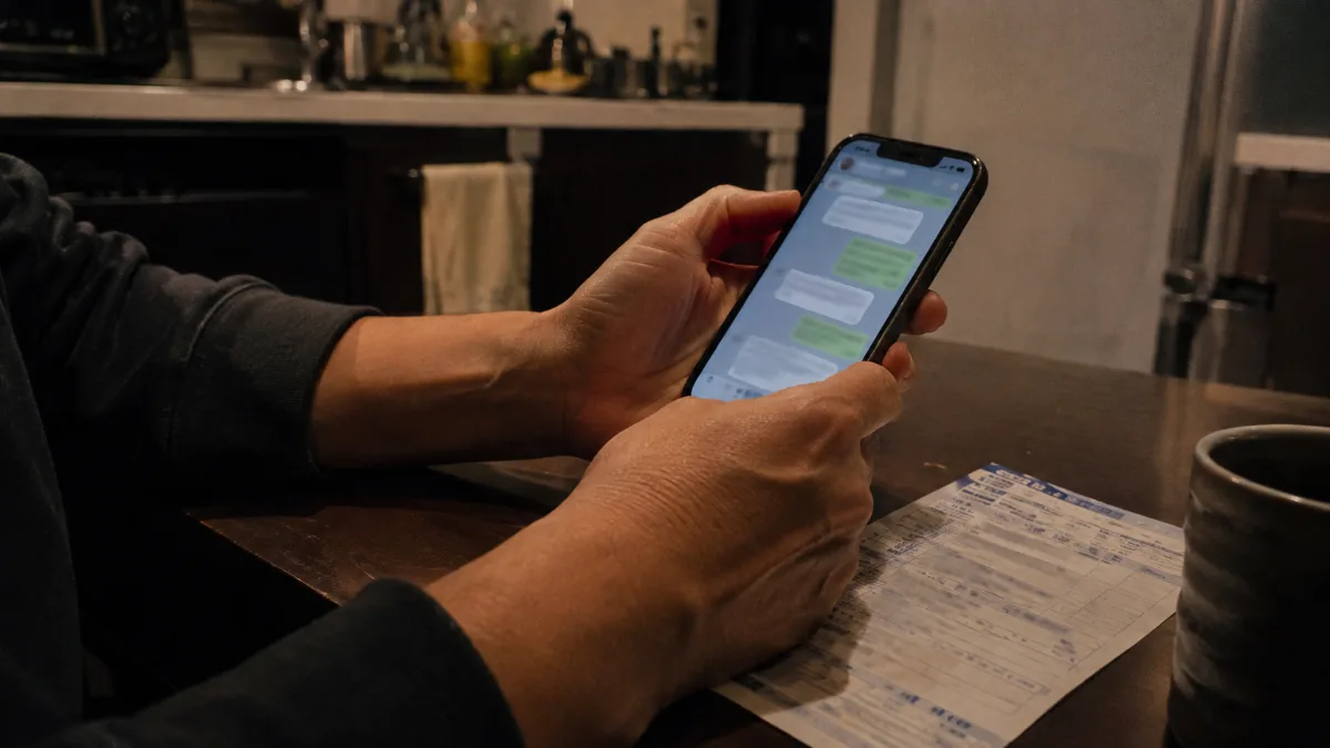 夜の食卓でスマートフォンと送金明細を見比べる手元