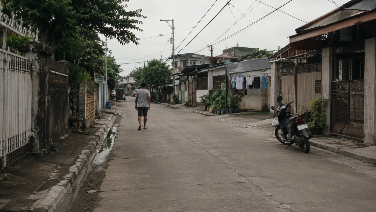 フィリピンの町の路地を歩く人の後ろ姿