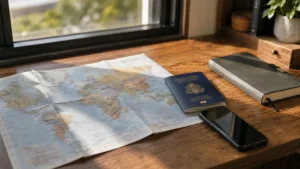 窓辺の机に置かれた世界地図とパスポート、ノート