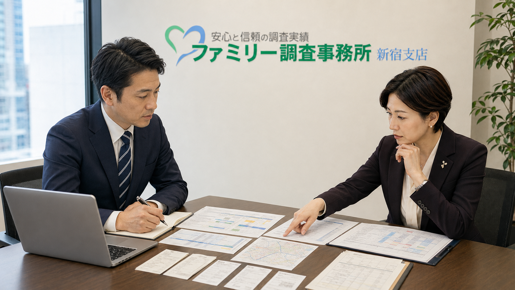 営業社員の訪問報告と外回り中の勤務実態について新宿支店へ相談する企業担当者
