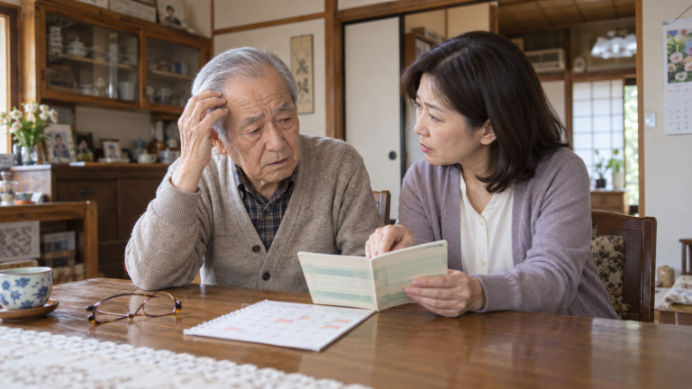 通帳確認して父親と話す娘