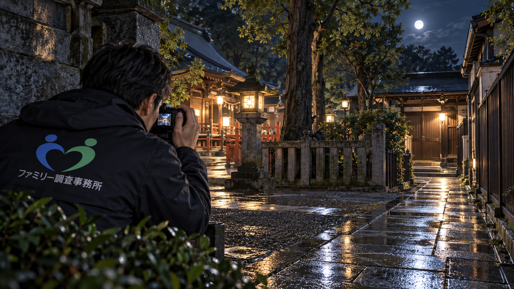 夜間の神社で裏口への出入りと侵入経路を確認する調査員
