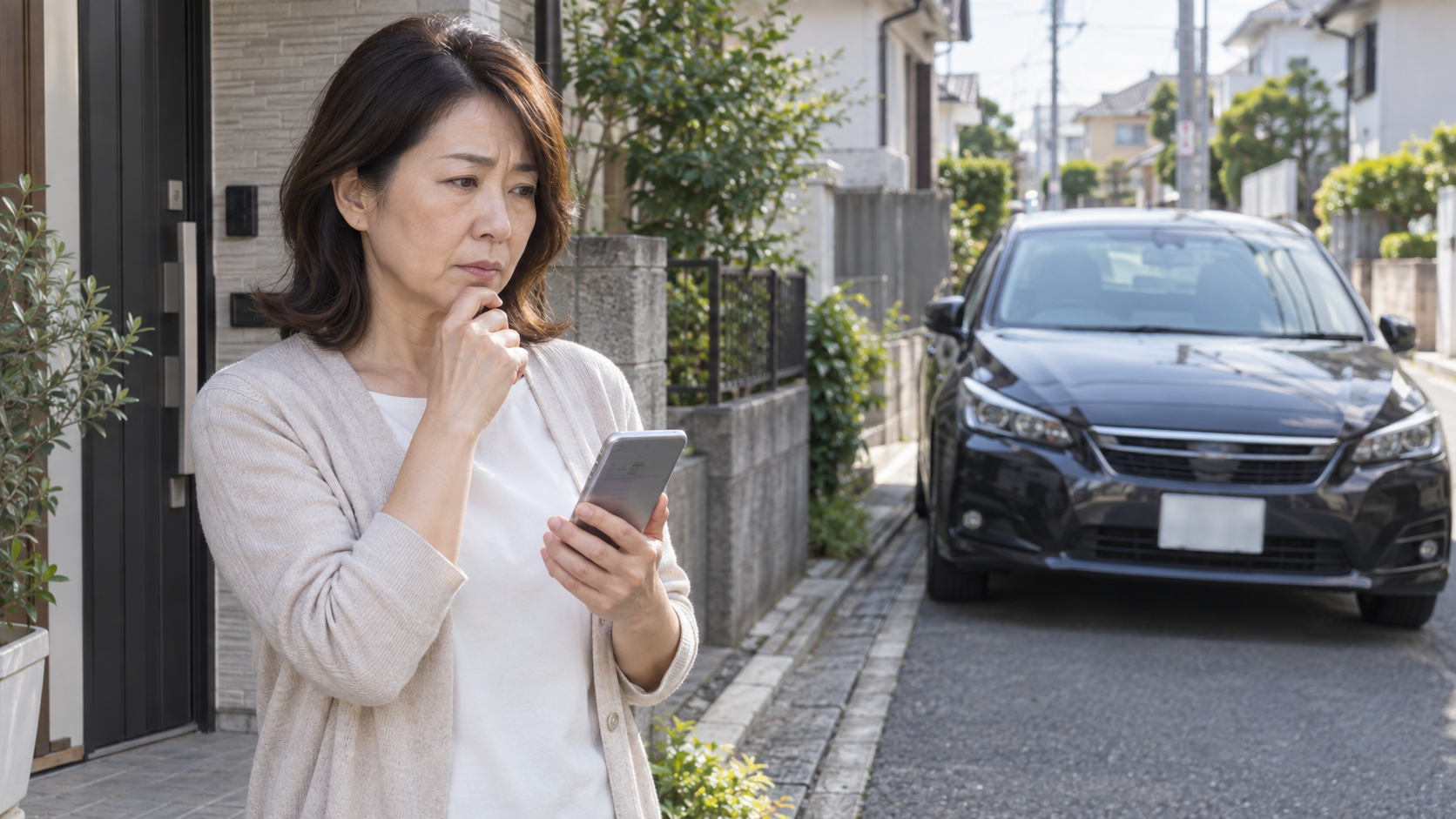 迷惑駐車が続くときに私道と公道の違いを確認して対策を考える女性
