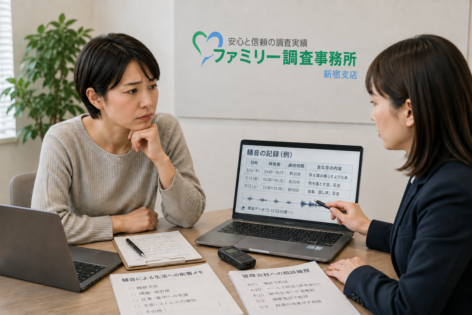 管理会社へ相談しても止まらない騒音の録音と証拠を新宿支店で確認する女性