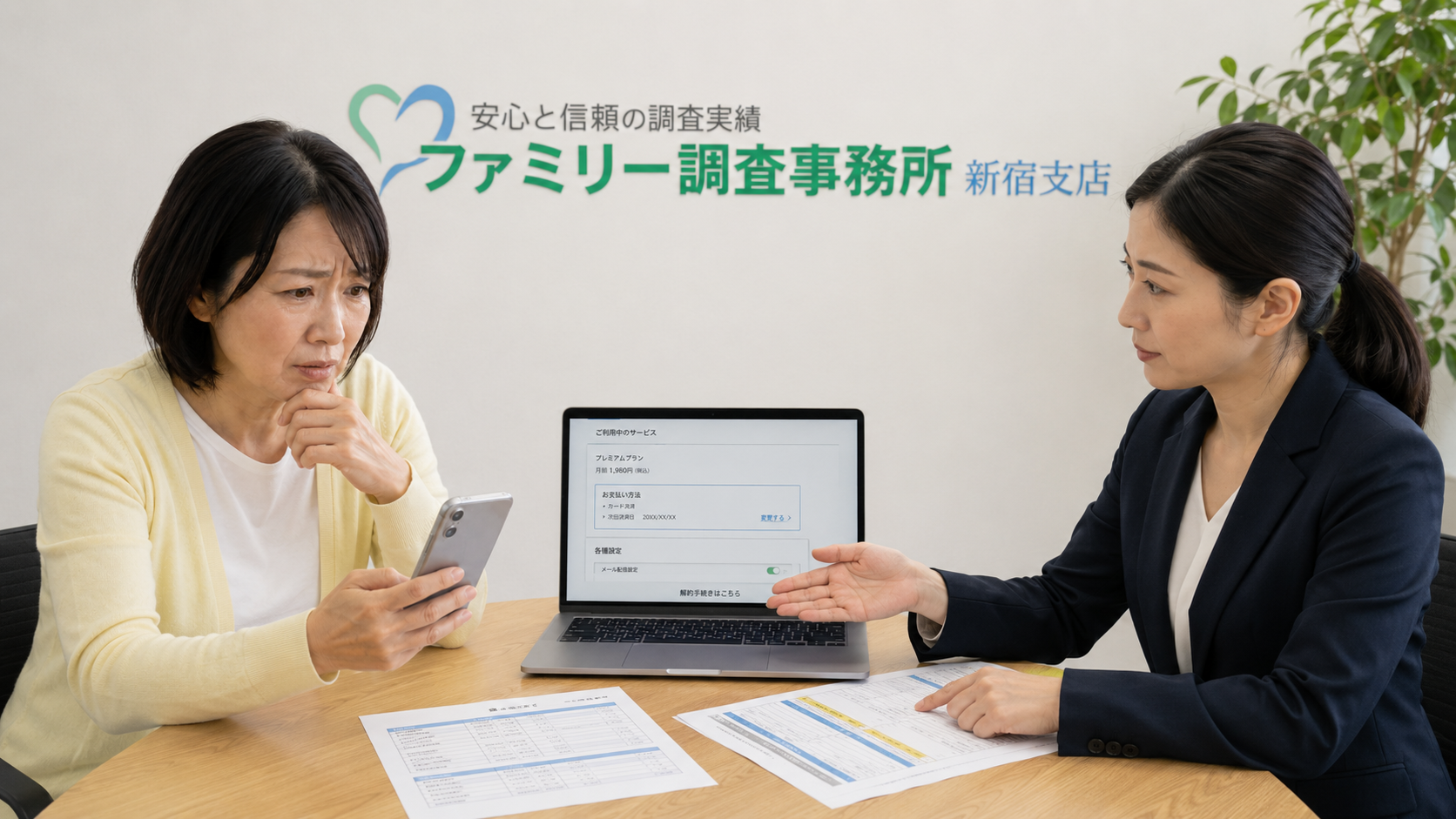 解約ボタンが見つからないダークパターンの画面とカード請求履歴を新宿支店で確認する女性