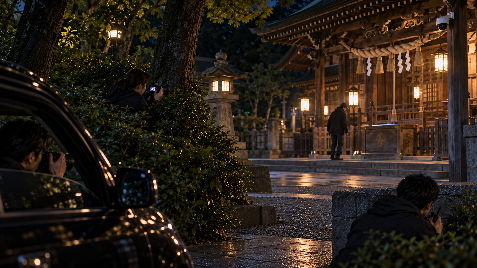 賽銭泥棒が深夜だけ現れる神社で防犯カメラに映らない人物の出入りを確認する調査員