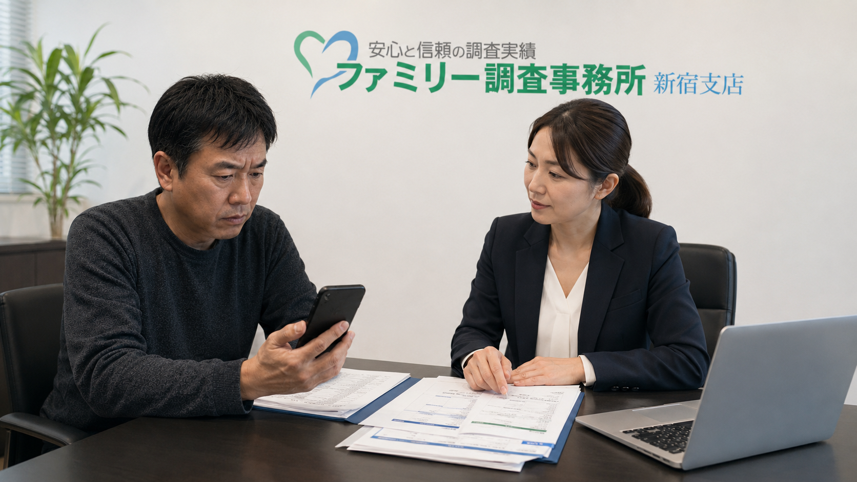 風俗店の女性キャストとの金銭トラブルについてLINEと振込記録を新宿支店で確認する男性