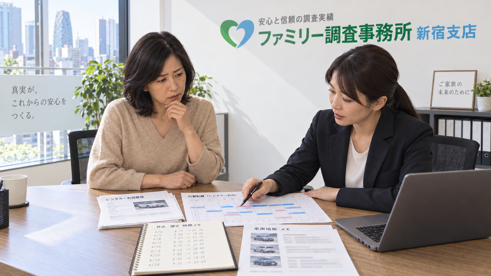 息子がレンタカーを借りる日と外出時間を整理して素行調査を相談する母親