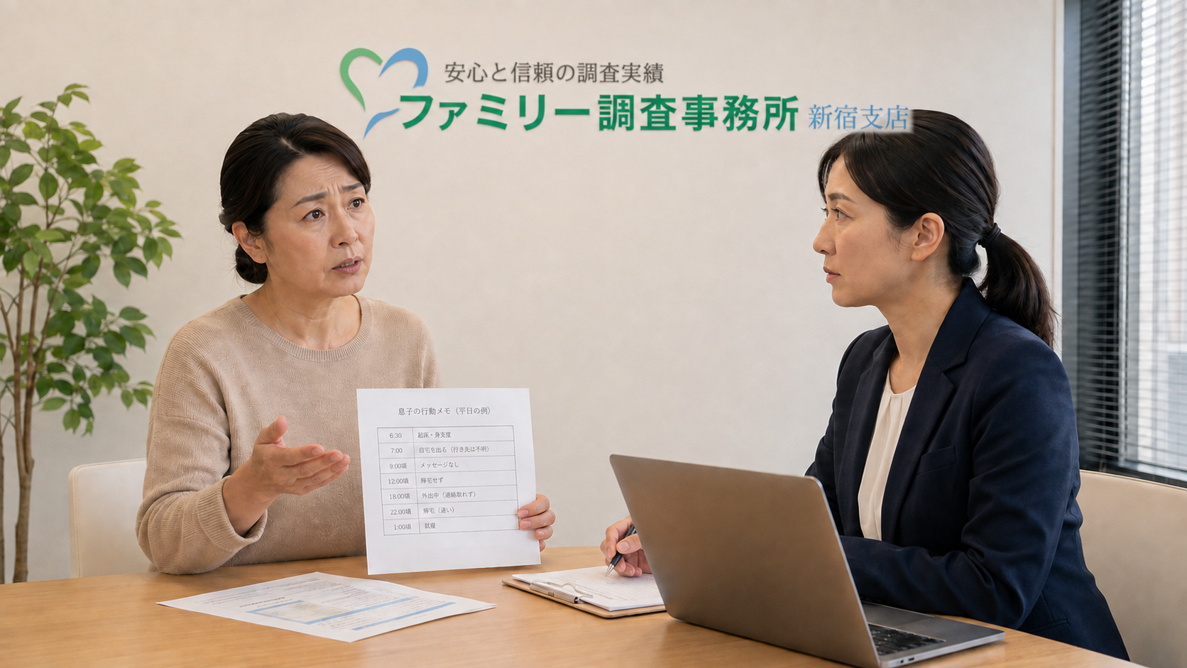 仕事を辞めた20代の息子の生活実態について新宿支店へ相談する50代の母親