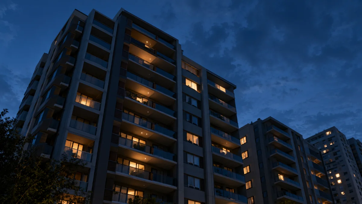 夜の集合住宅の外観を見上げた風景