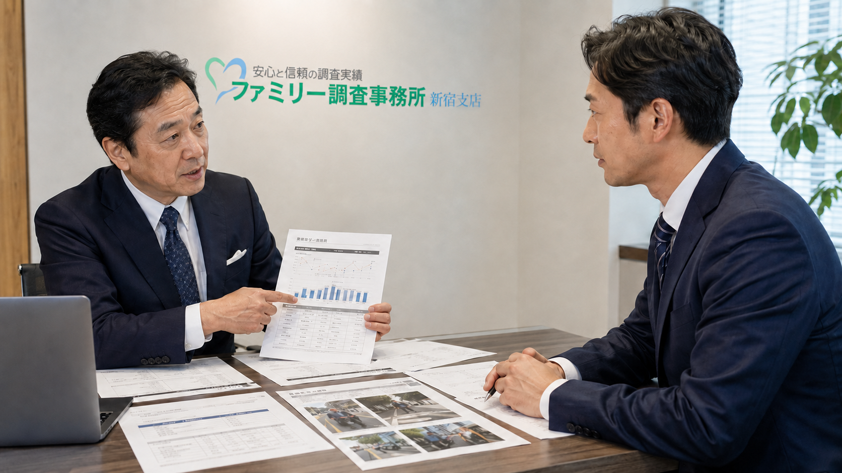 テレワーク中の社員の外出と在宅勤務の勤務実態について新宿支店へ相談する企業担当者