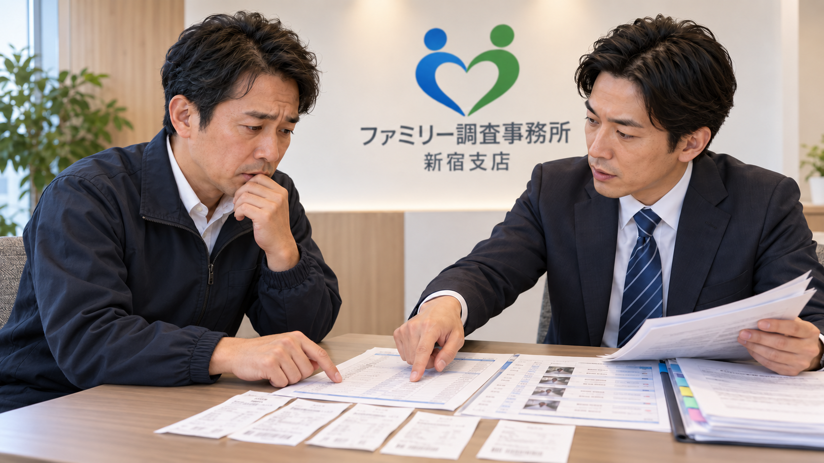 カスハラの電話履歴や来店記録を確認して証拠を整理する企業担当者と従業員